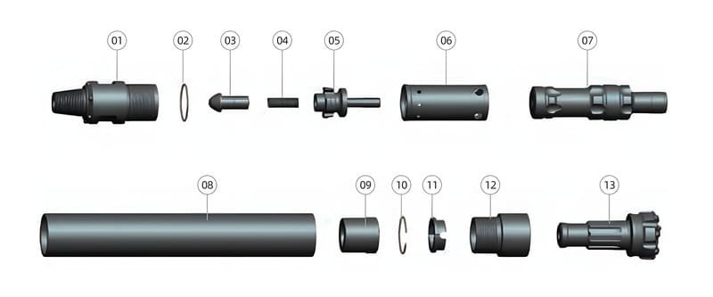 Cross-sectional diagram of a Down-The-Hole hammer with labeled components.