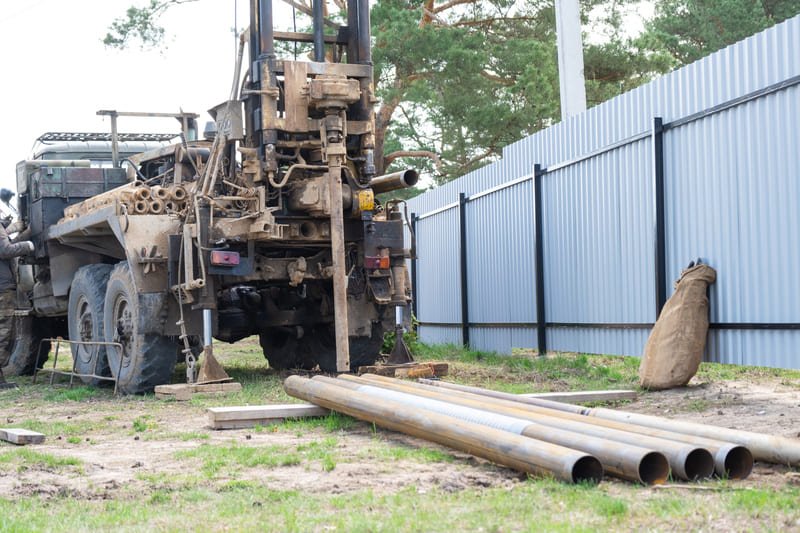 A drilling rig operating in a remote rural area, illustrating the cost factors in well drilling.