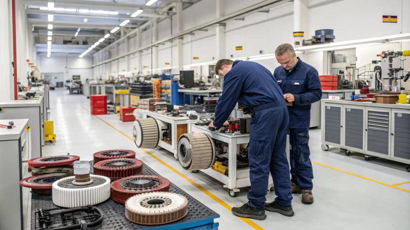Technicians working in a busy industrial workshop with machinery