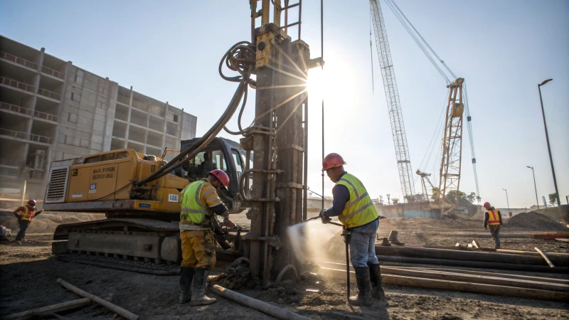 Construction site with DTH drilling machinery and workers