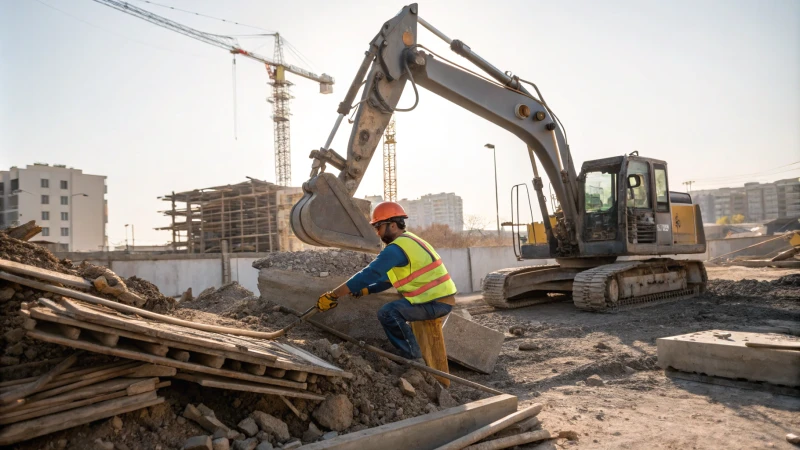 Construction worker operating heavy machinery at a busy site