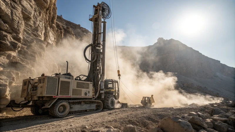 Photorealistic image of a drilling rig working on rocky terrain