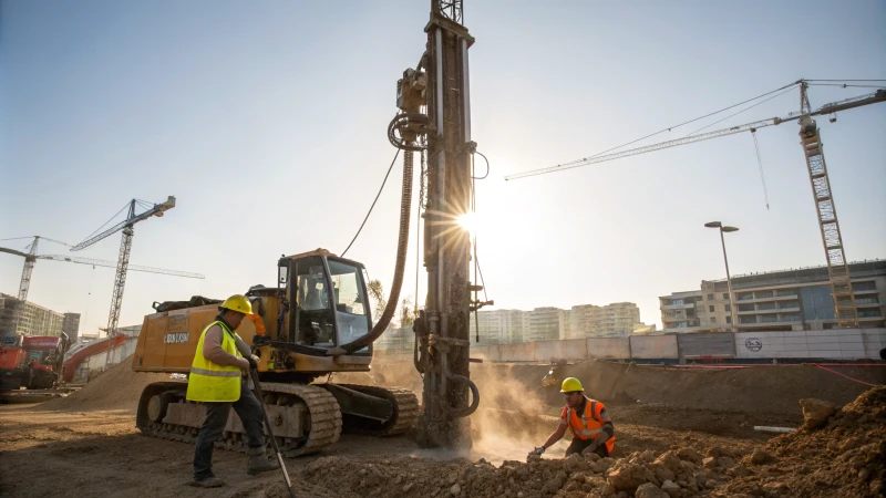 DTH drilling machine at a construction site with workers