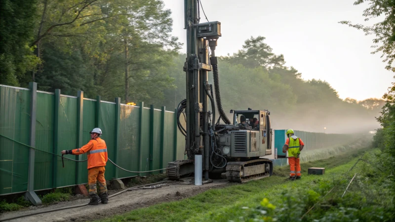 DTH drilling operation with workers and acoustic barriers
