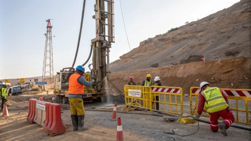 Workers engaged in a DTH drilling operation in a rocky landscape