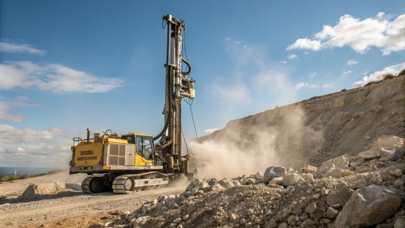 Photorealistic image of a DTH drilling rig in motion at a construction site