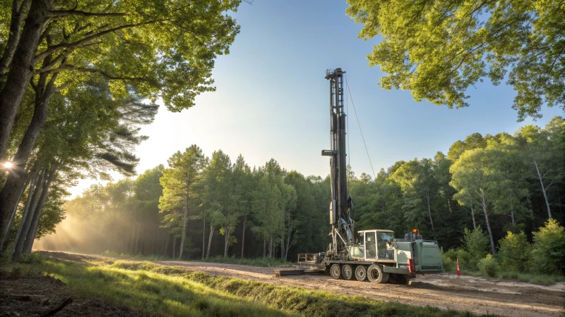 A modern DTH drilling rig operating in a lush forest
