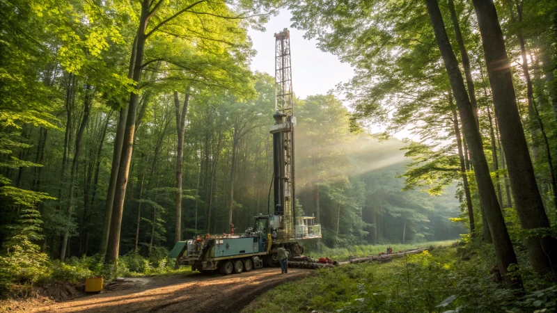 A modern Down-The-Hole drilling rig in a lush green forest
