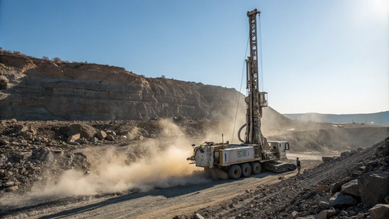 A DTH drilling rig in a rocky mining site