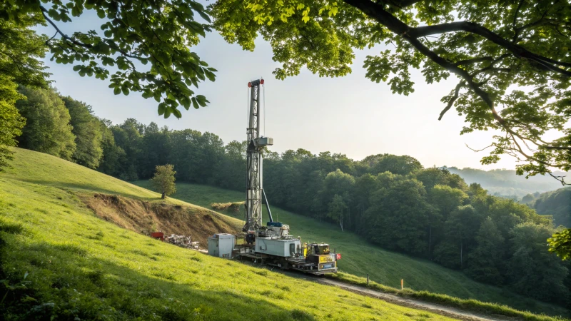 A modern DTH drilling rig operating on a green hillside