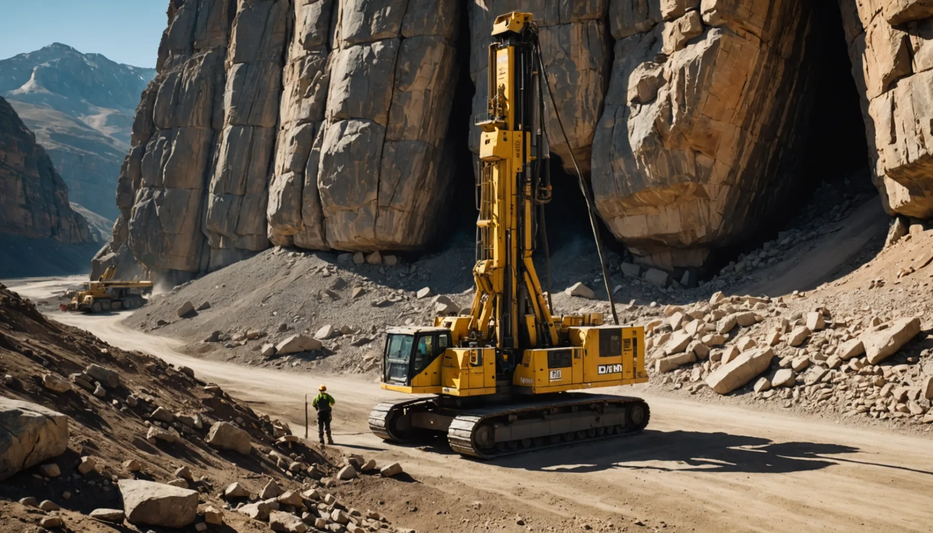 A DTH drilling rig on a rocky construction site.