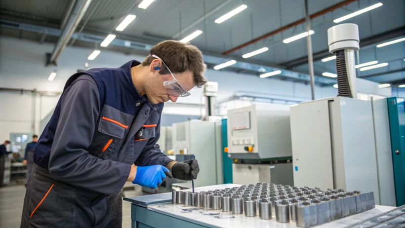 A factory worker inspecting cemented carbide cutting tools with safety gear.