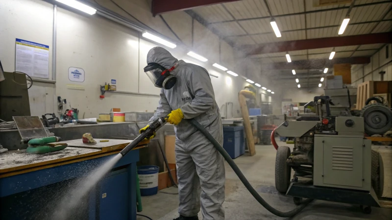A worker in protective gear cleaning a machine in an industrial workshop.