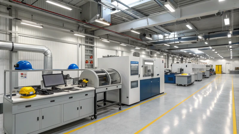 A modern workshop for cemented carbide processing, showcasing industrial machinery and safety equipment.