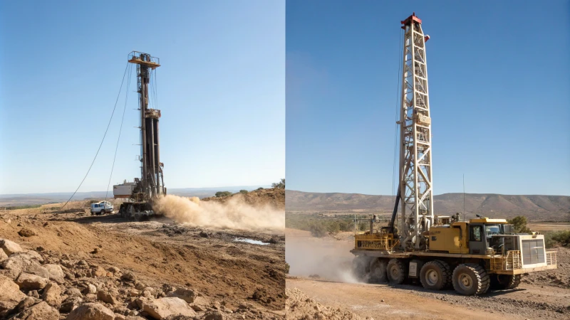 A split image of two drilling rigs in action, one DTH and one rotary.