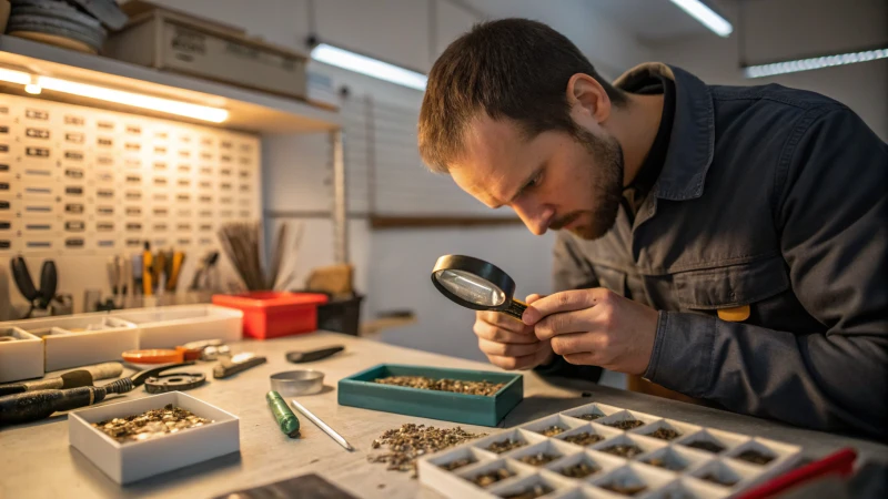 A technician inspecting button bits with a magnifying glass in a workshop