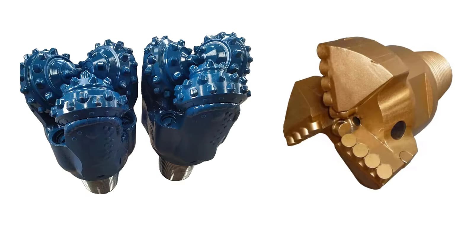 A comparison between PDC and tricone drill bits showing distinct features.