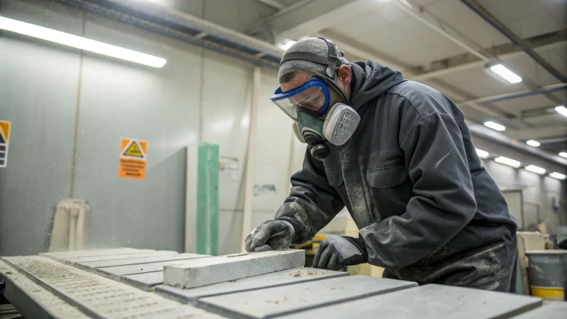 A worker in personal protective equipment handling cemented carbide.
