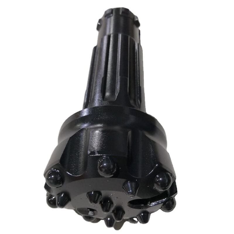 A black DTH drill bit designed for efficient drilling in various geological conditions, showcasing its robust construction.