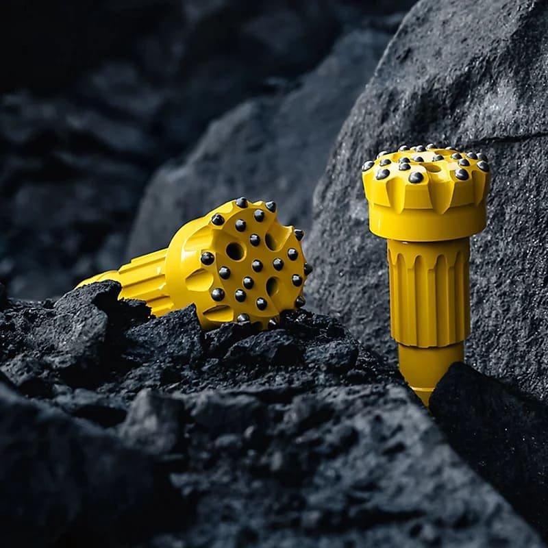 Close-up of Epiroc DTH drill bits showcasing their intricate design and durable construction for efficient drilling.