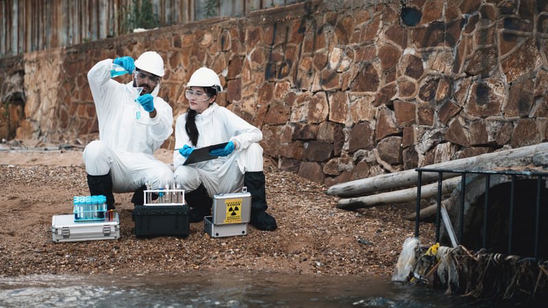 Geotechnical sampling in progress, with a worker extracting soil samples for engineering evaluation at a site.