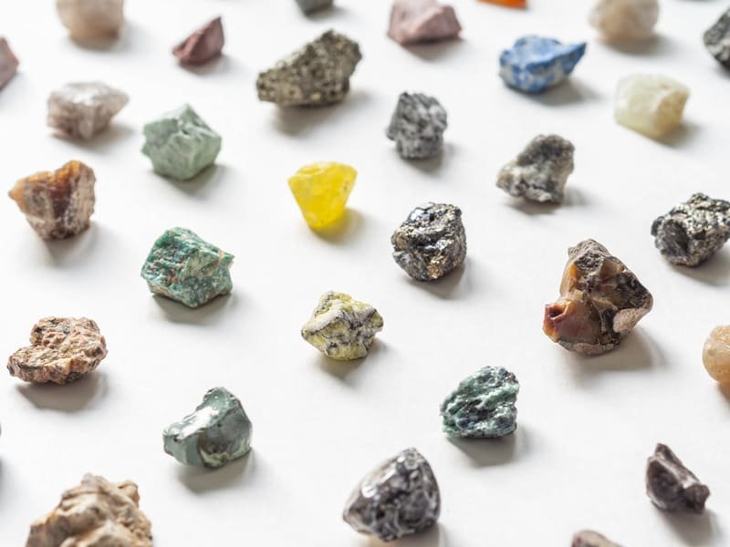 A collection of various rock samples displayed on a surface, showcasing different textures and colors.