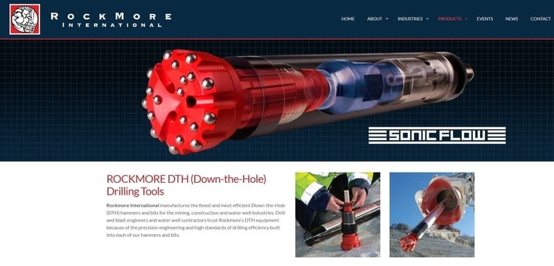Rockmore International DTH bits displayed, showcasing advanced drilling technology and robust design for efficient performance.