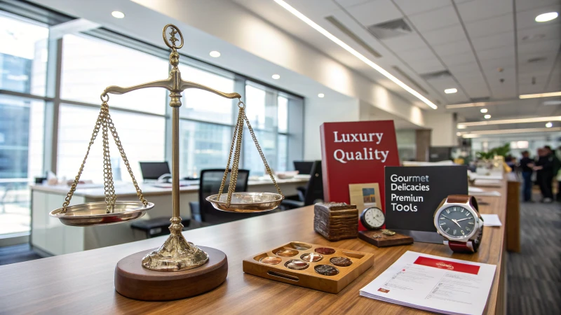 A balanced scale with luxury items on one side and price tags on the other in an office setting