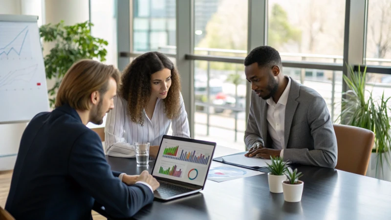 A professional business meeting in a modern office setting