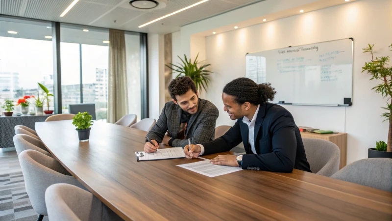 A modern business meeting room with professionals discussing discount strategies
