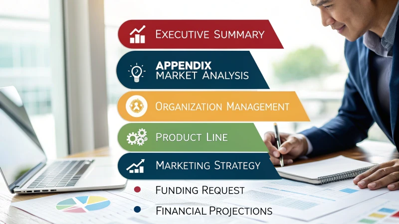 Infographic layout of a business plan with labeled sections