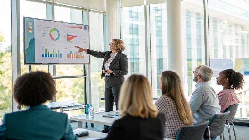 A professional woman presenting in a modern conference room.