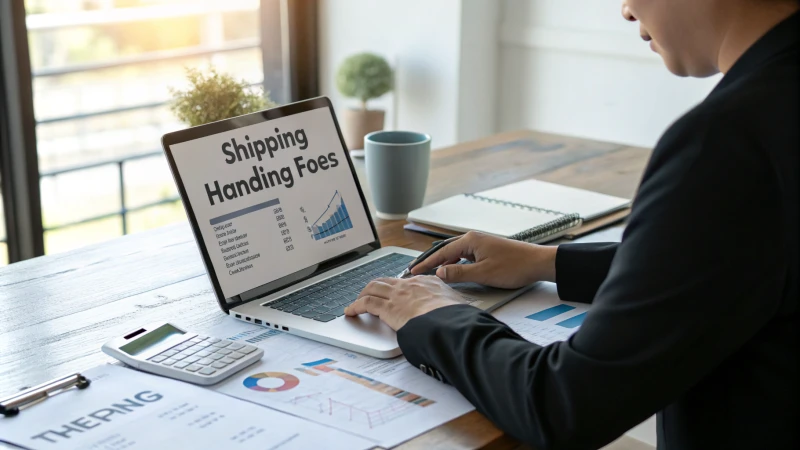 Business professional analyzing shipping fees on a laptop in a modern office.