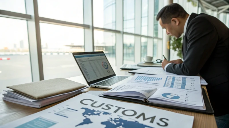 A business professional reviewing customs documents in an office