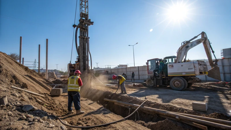 Construction workers operating drilling machinery at a construction site.