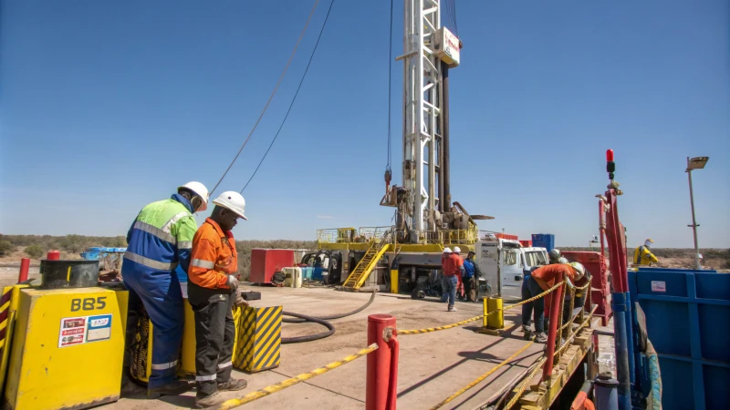 A busy drilling rig with workers in safety gear in a sunny landscape.