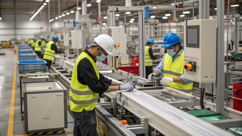 Workers operating machinery on a busy assembly line