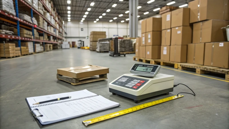 A busy warehouse with a digital shipping scale and cardboard boxes