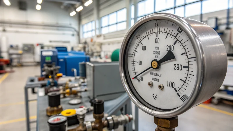 Close-up of a pressure gauge in an industrial workshop