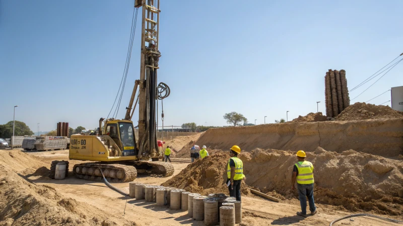 Construction site with drilling rig and workers