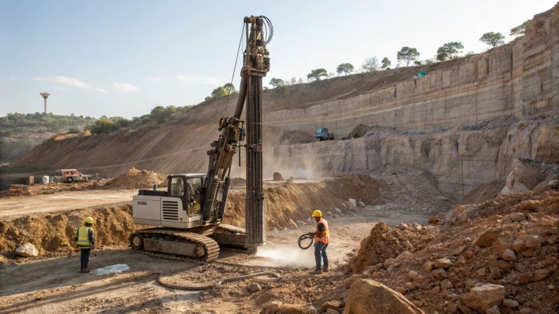 Construction site with drilling machinery and workers