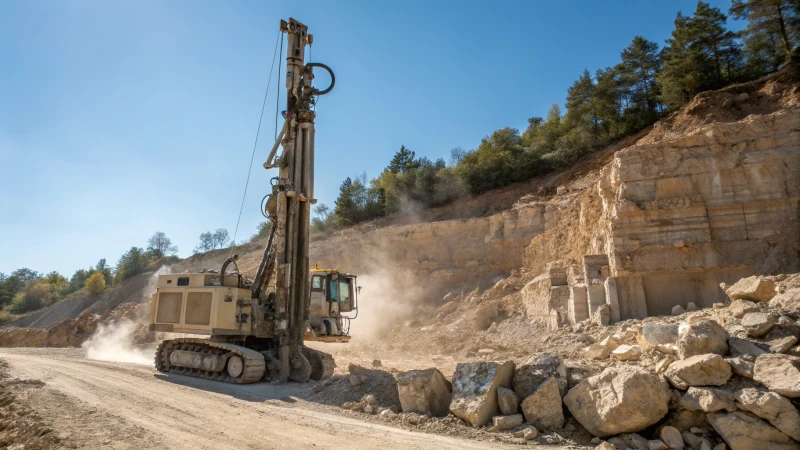 A drilling rig at a construction site with rocky terrain and dust.