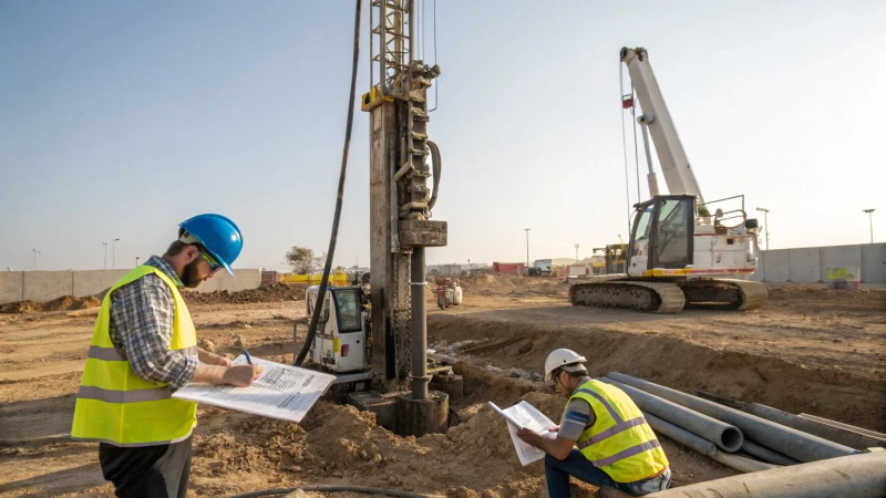 A construction site with a modern drilling rig and workers in safety gear.