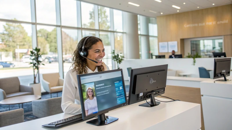 A customer service representative on a video call in a modern office.