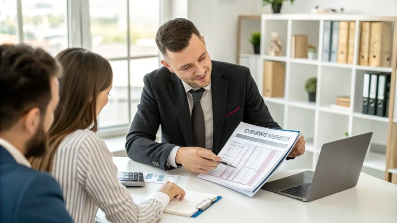 A customs broker explaining documents to clients in an office.