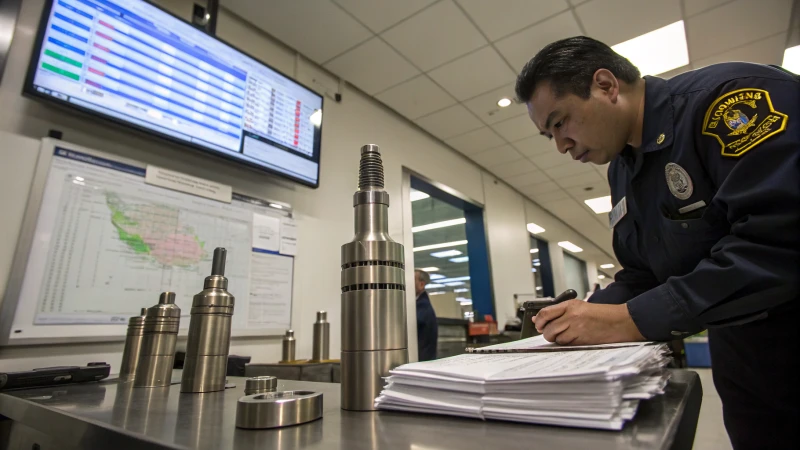 Customs official examining paperwork with drill bits on desk