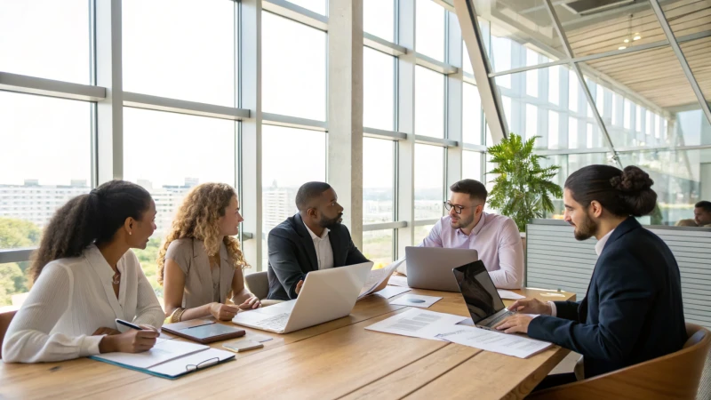 A diverse group of professionals in a modern conference room engaged in negotiation