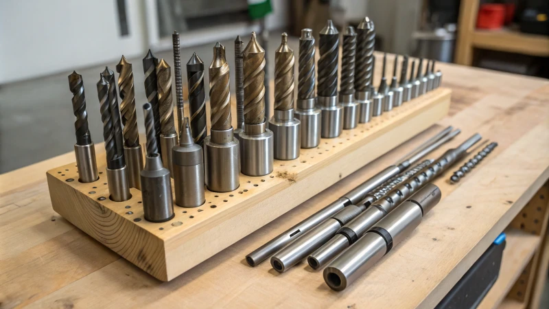 Close-up of various drill bits on a wooden workbench