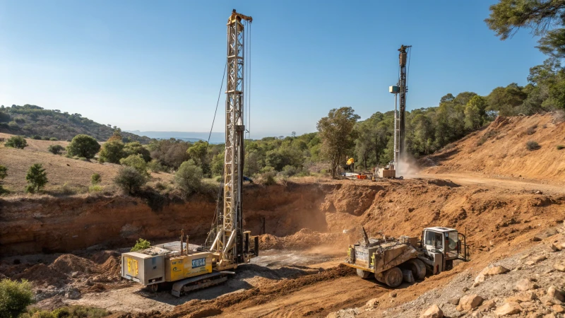A drilling operation scene with two rigs in a rocky landscape