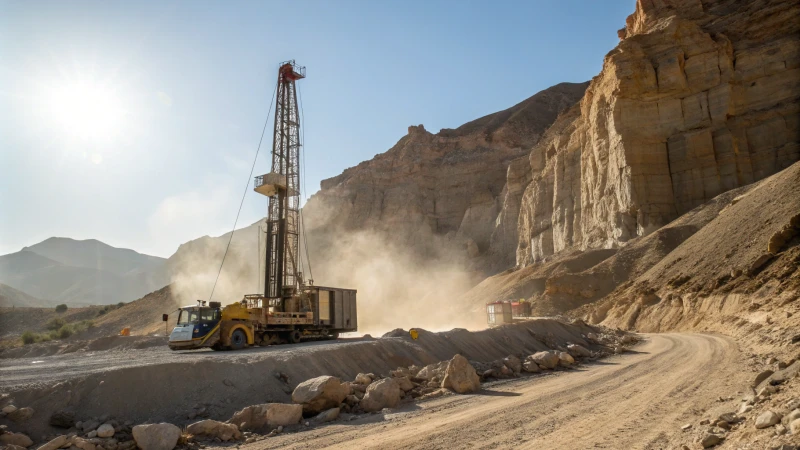 Drilling rig in a rocky landscape with geological formations